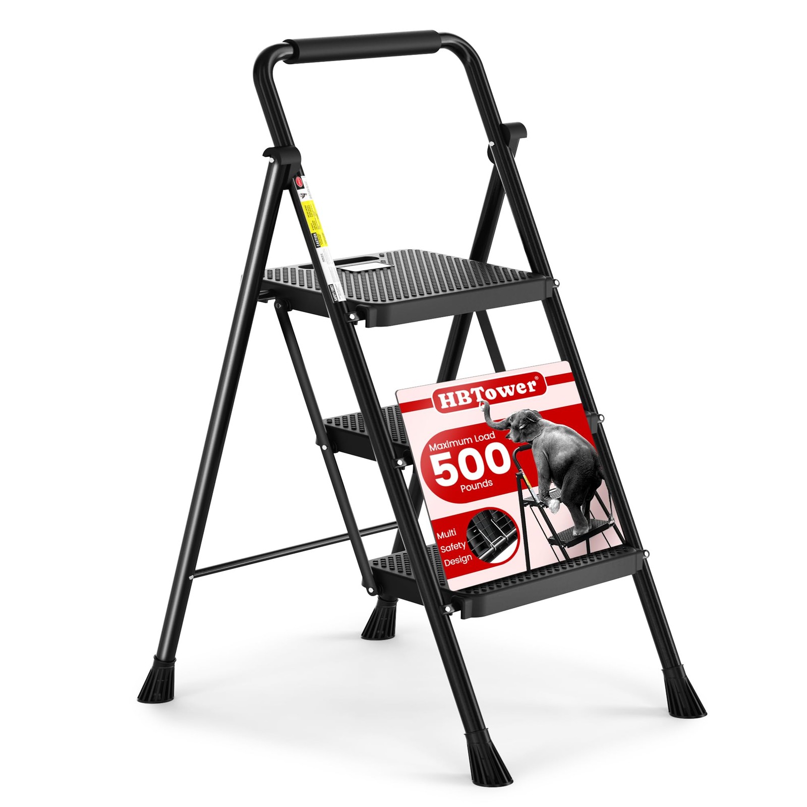 HBTower Step Ladder, Folding Stool with Wide 3 Black