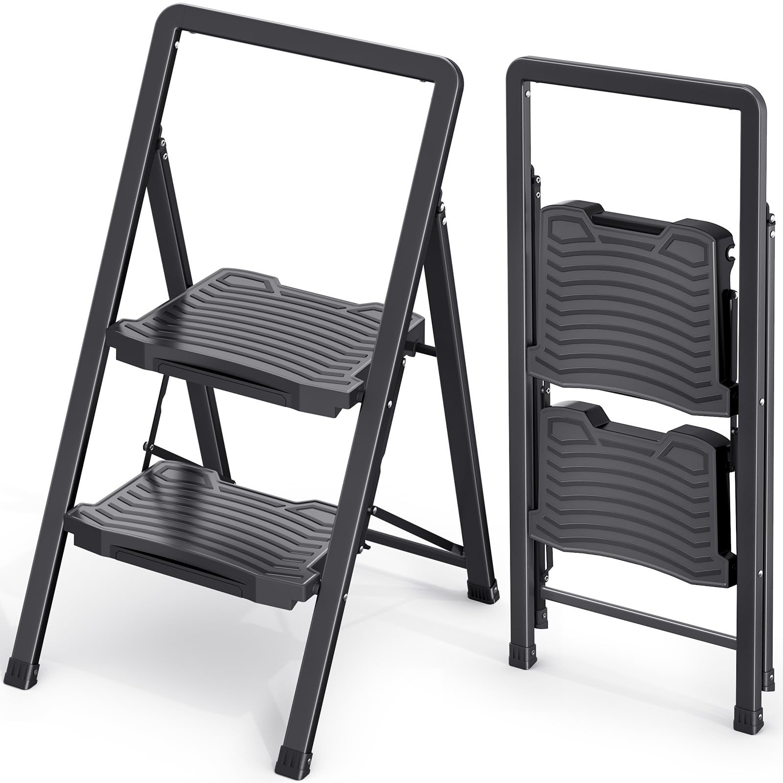 KINGRACK 2 Step Ladder 800lb Capacity, Folding 2 Ladder, Black