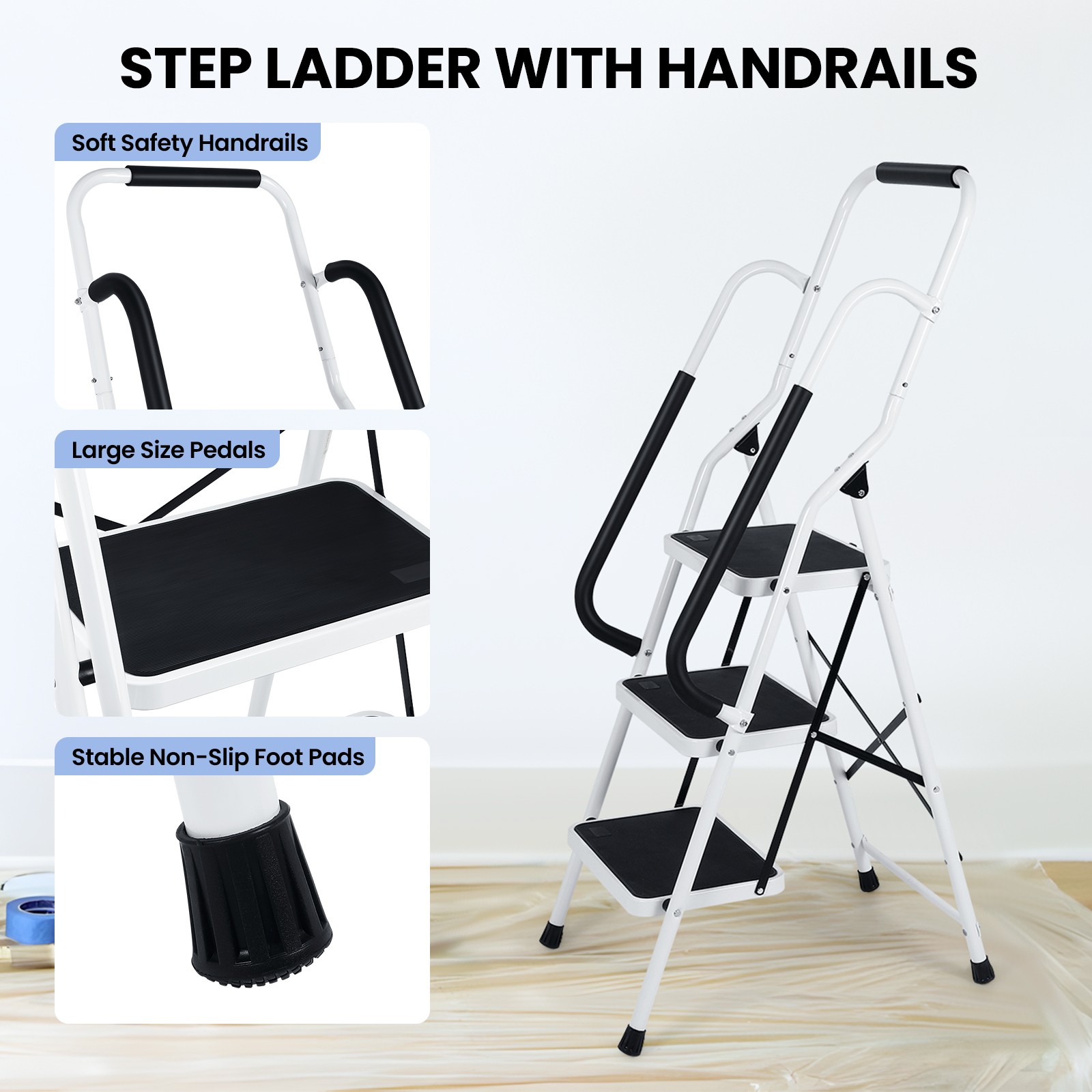 3 Step Ladder with Handrails, Portable Folding Step Stool with Safety Lock