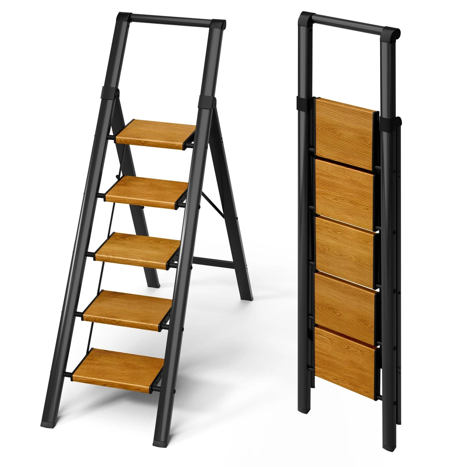 Black Woodgrain 5 Step Aluminum Ladder Foldable Handrail 330lbs Anti-Slip