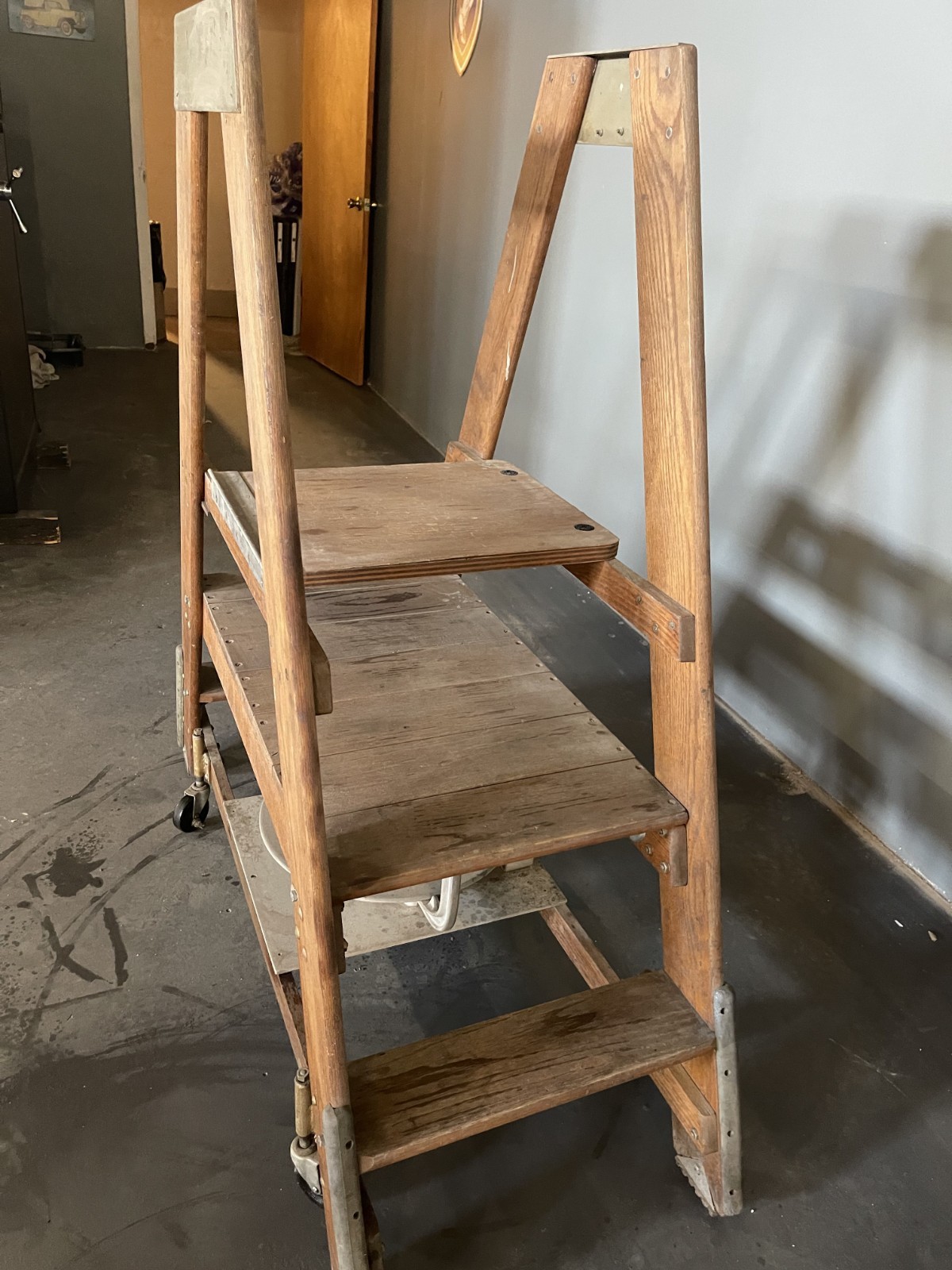 Vintage Putnam Rolling Library Ladder with GMP Wire Reel Assembly