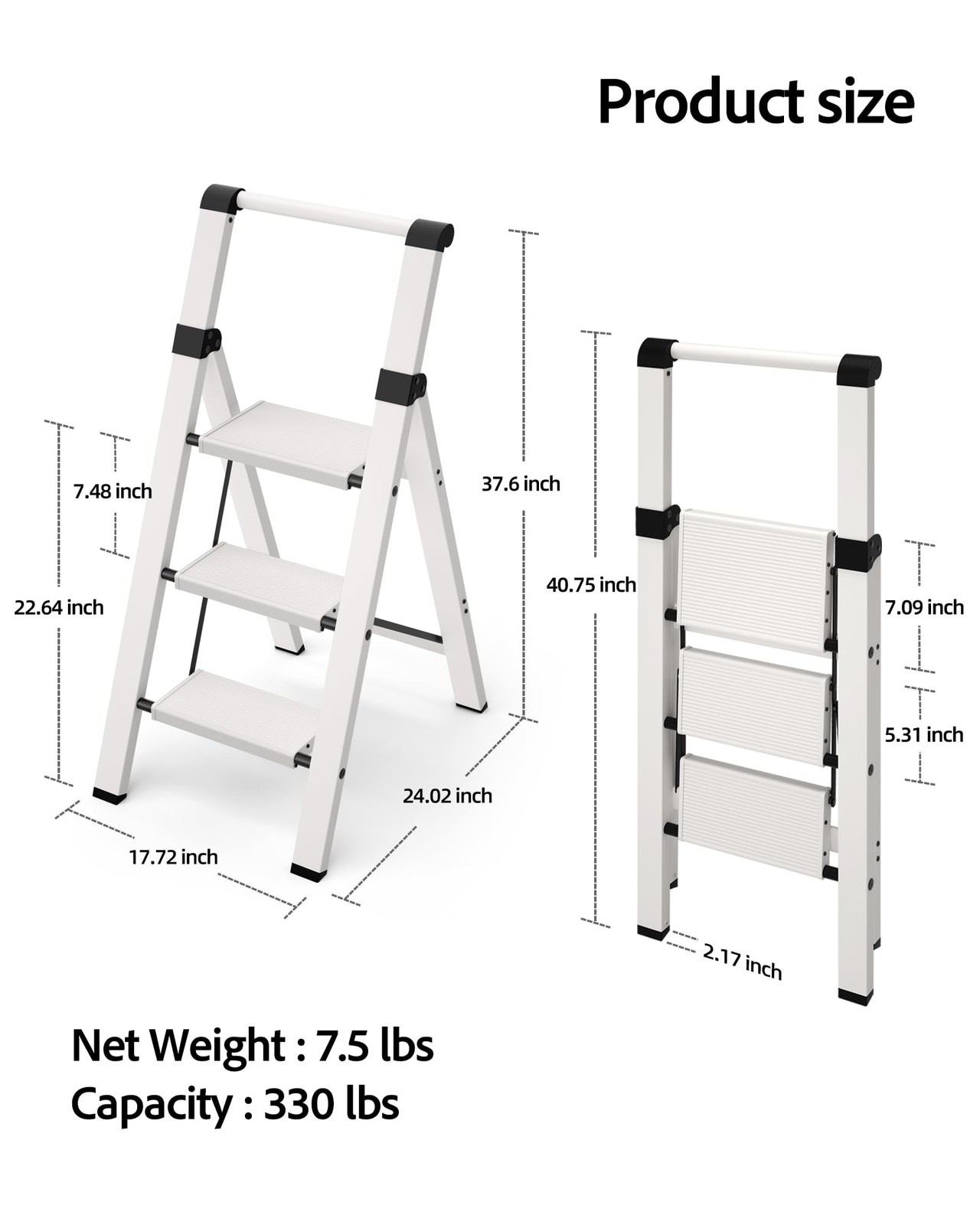 Taranta 3 Step Ladder, Lightweight Aluminum Stool with 3 Step, White