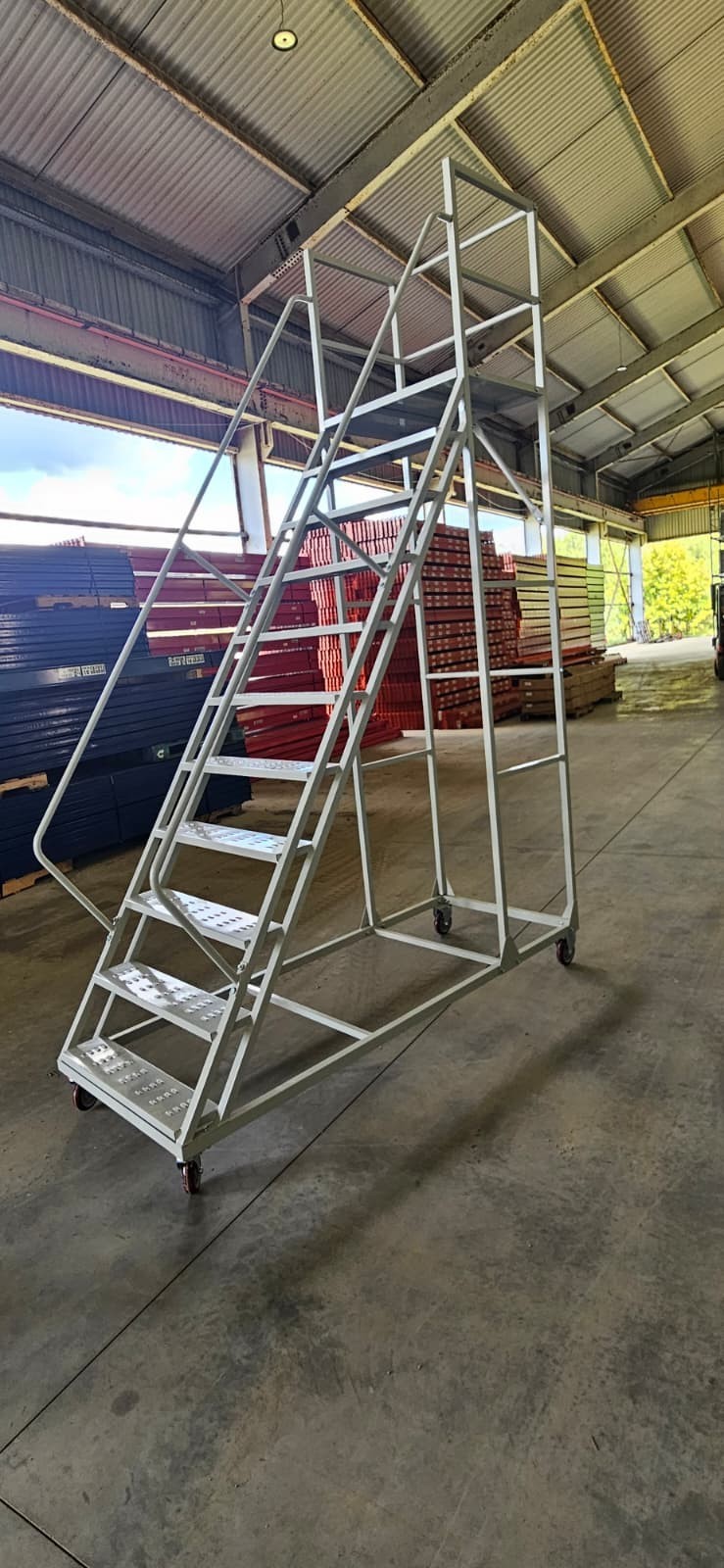 NEW ROLLING LADDER WITH 11 STEPS, 98″ HIGH X 32″ WIDE, GREY