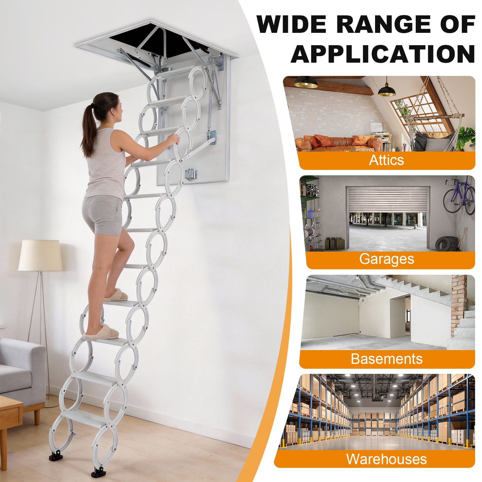 11 Steps Wall Mounted Folding Ladder Loft Stairs White Attic Steps Pull Down US