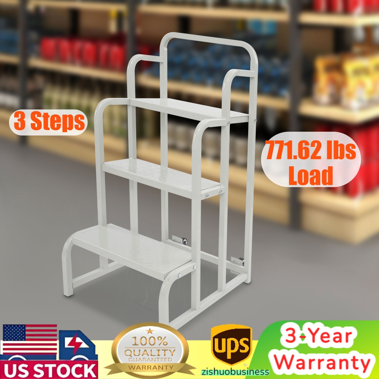 3-Step Supermarket Shelf Ladder 350kg Capacity Grocery Stair Mobile Store Ladder