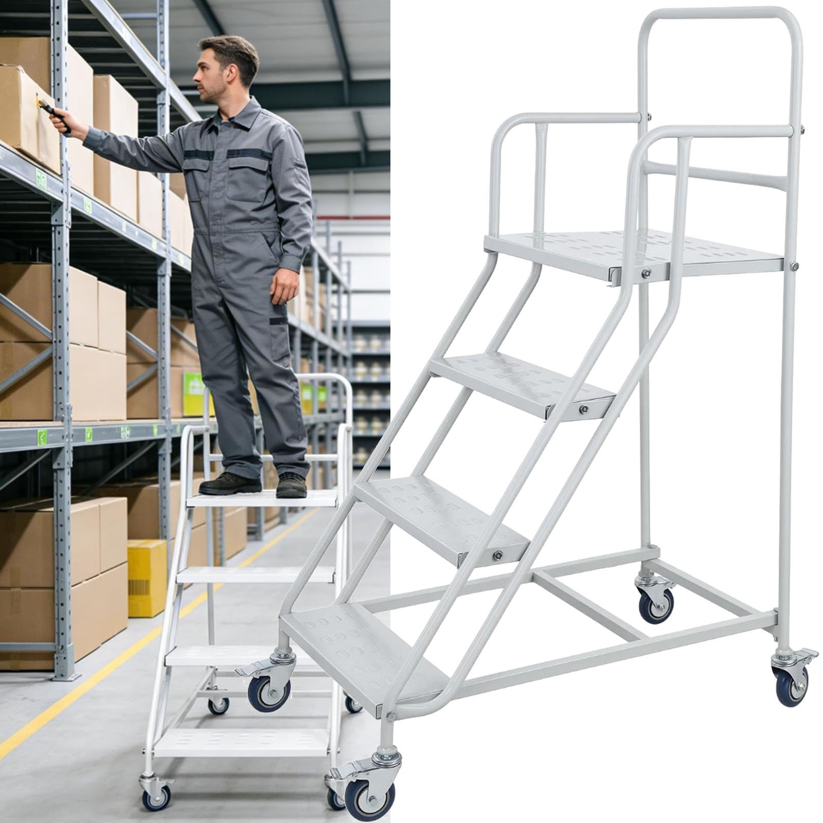 4-Steps Rolling Stairs, 880LBS Rolling Steps Ladder Industrial Mobile Stair 50″H