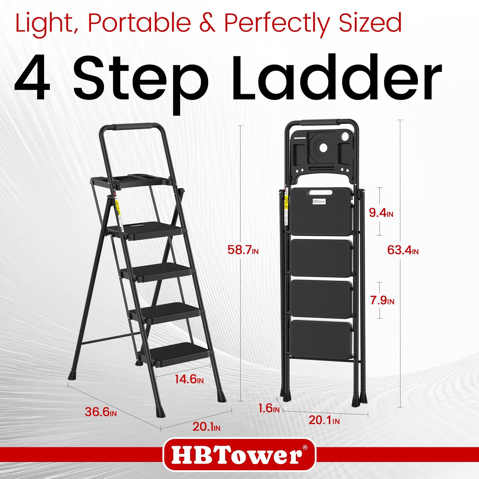 HBTower Step Ladder, Folding Stool with Wide 4 Black