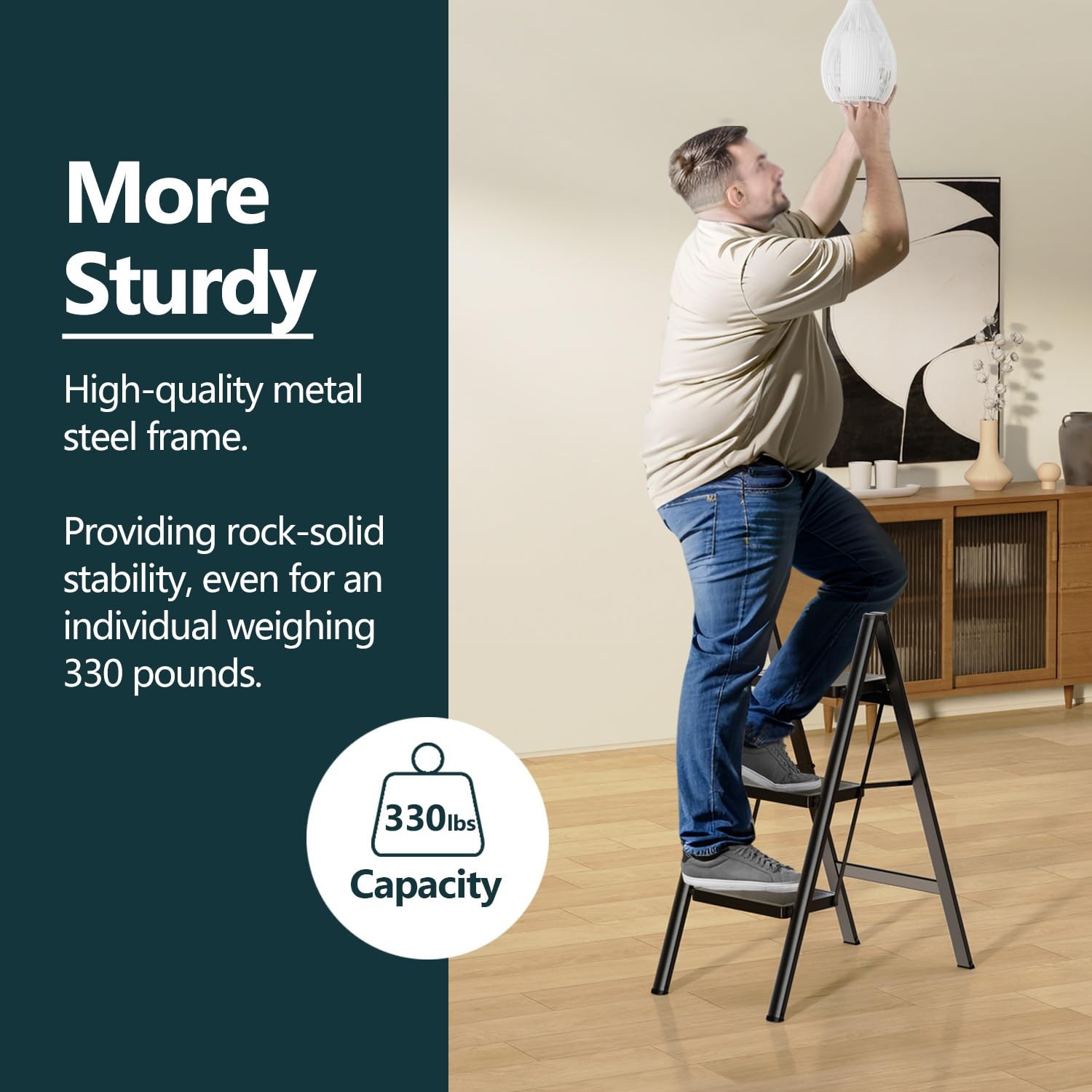 WOA Step Ladder for Home, Foldable Stool Kitchen 3 Step, Black