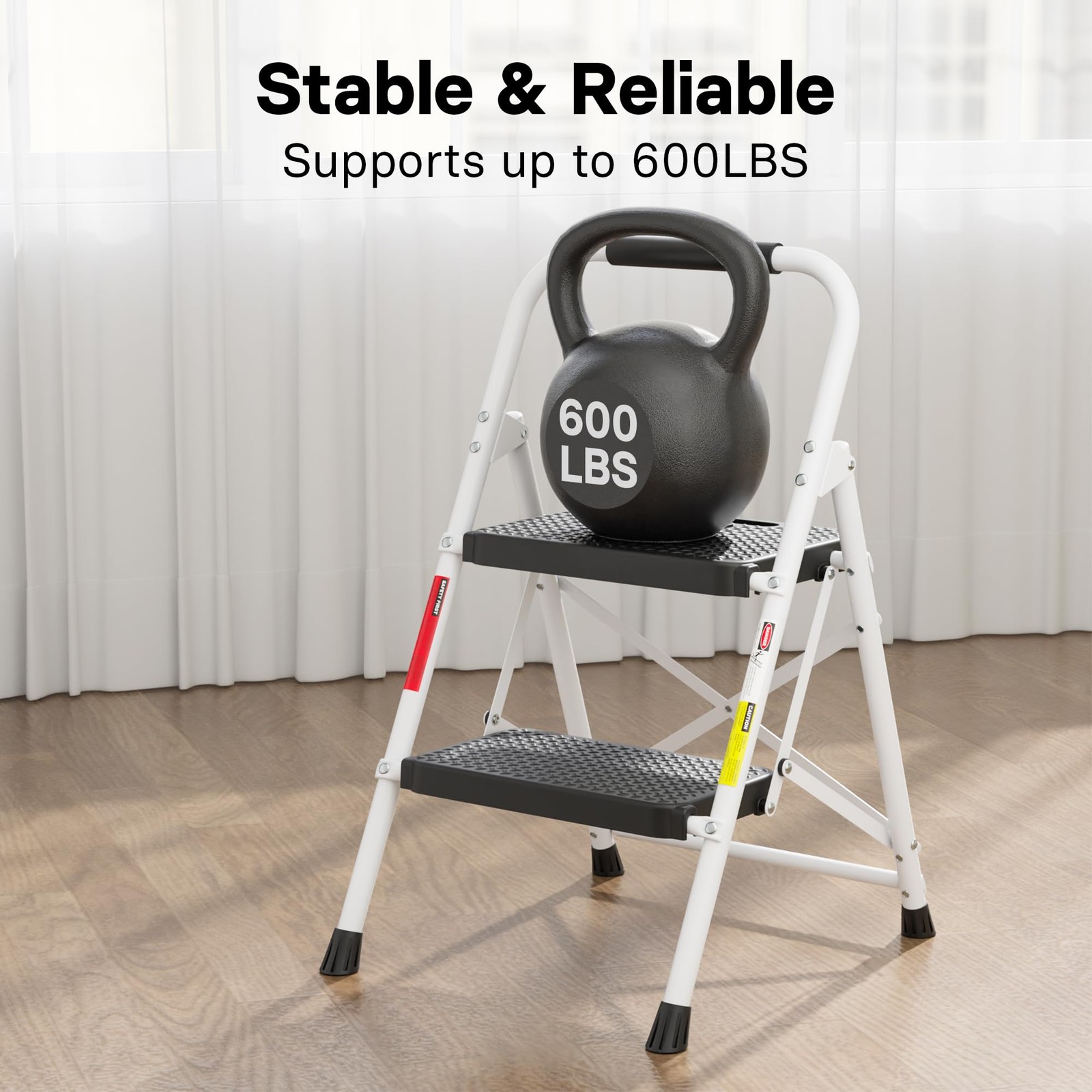 BONTEC 2-Step Ladder, Folding Step Stool, 2-Step, 600lbs Max Load, White