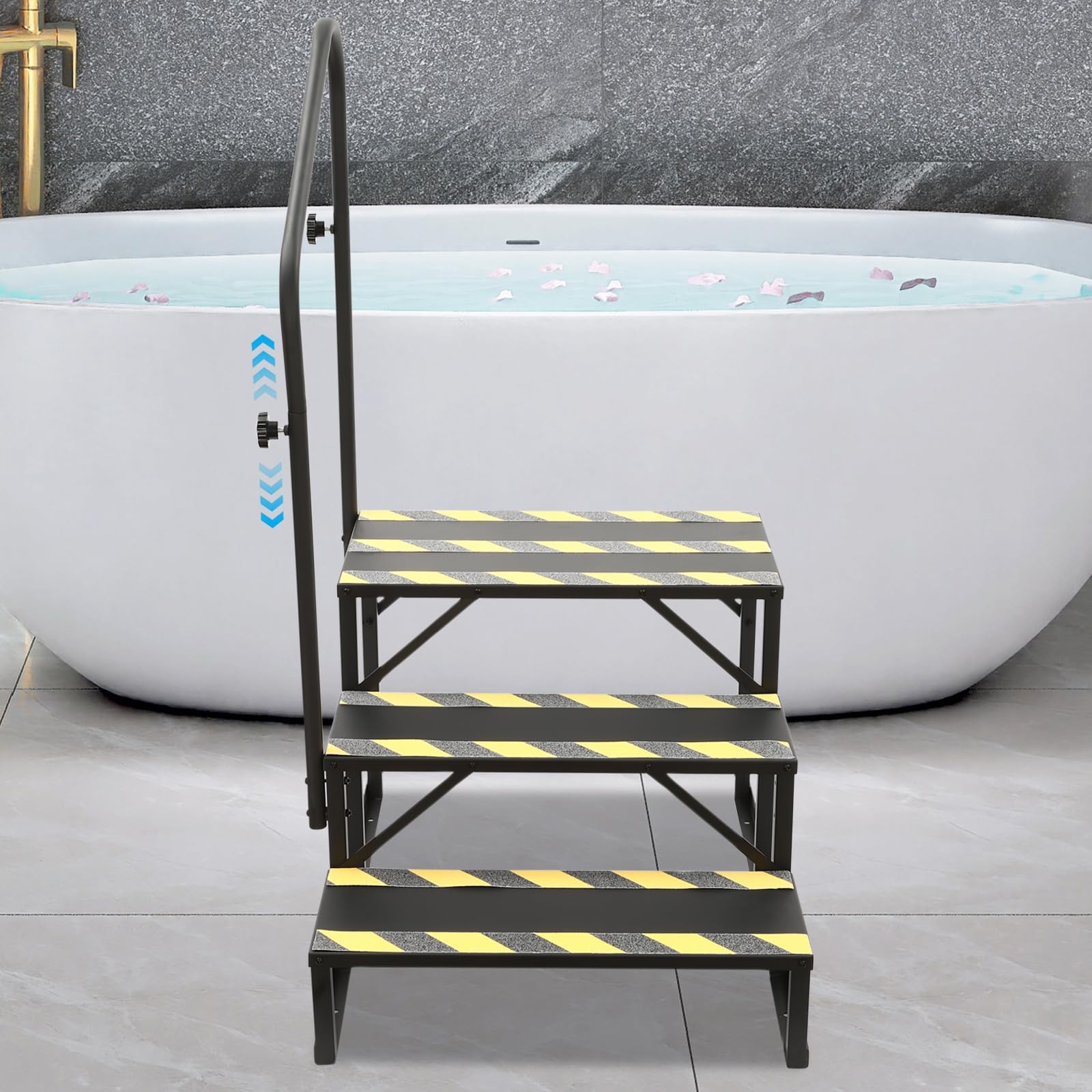 Hot Tub Steps Single Sided Handrail RV Steps Reflective Strips 3 Step Stairs
