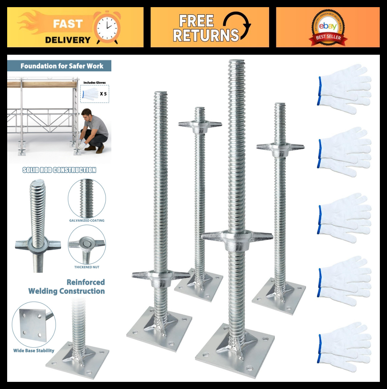 4 Pack Adjustable Scaffold Leveling Jacks 18.25″ – Heavy Duty Screw Jacks, Wide