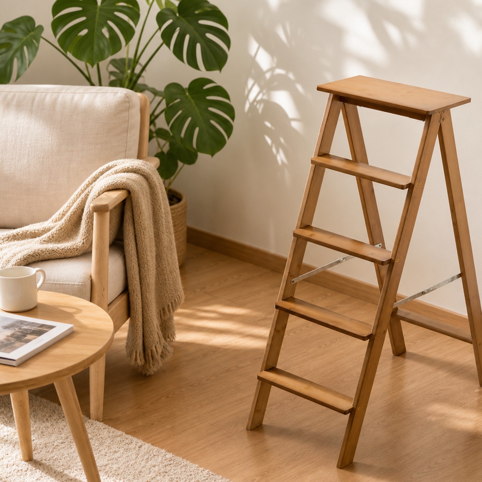 Five-Step Ladder Space-Saving Folding Step Stool Sturdy for Library, Home Users