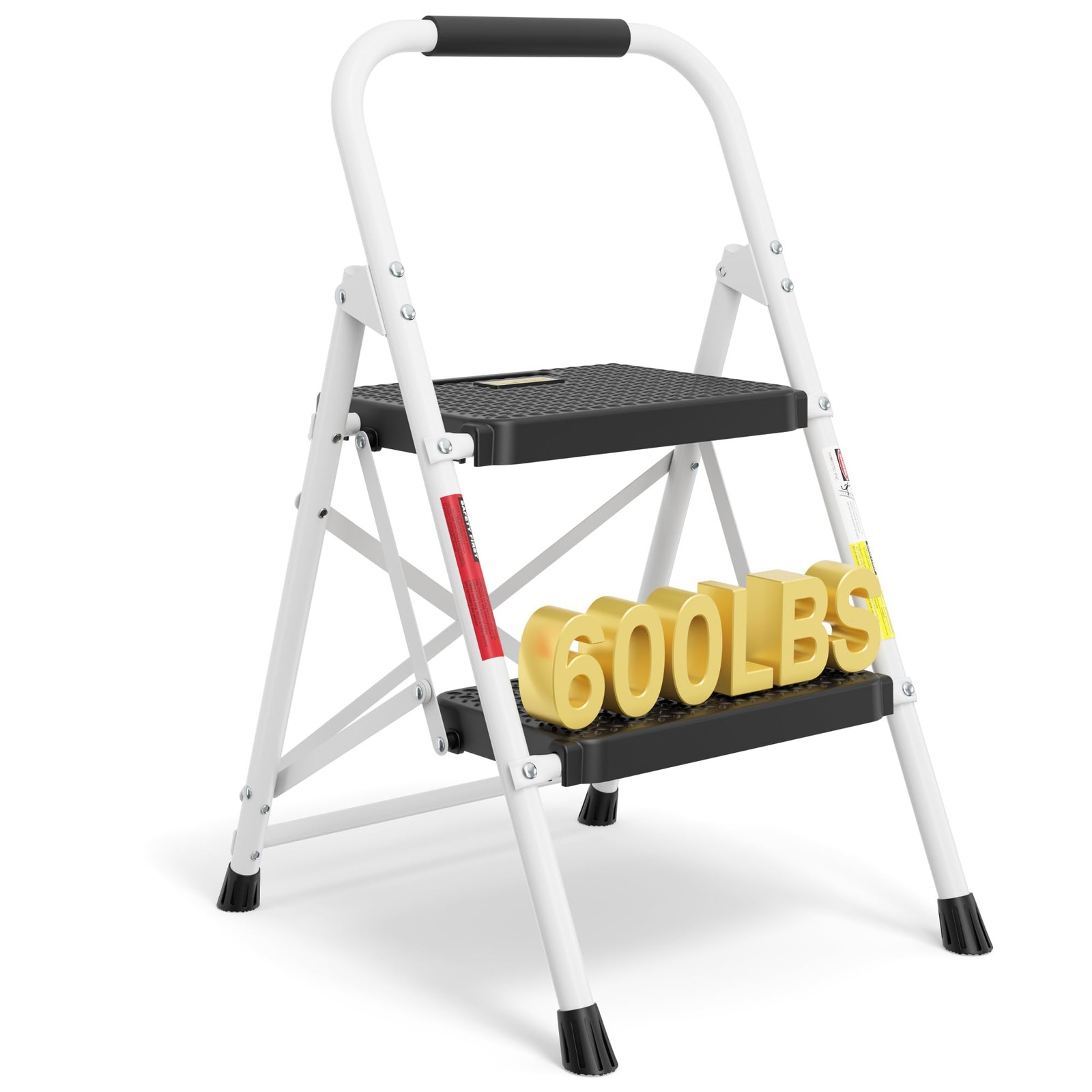 BONTEC 2-Step Ladder, Folding Step Stool, 2-Step, 600lbs Max Load, White