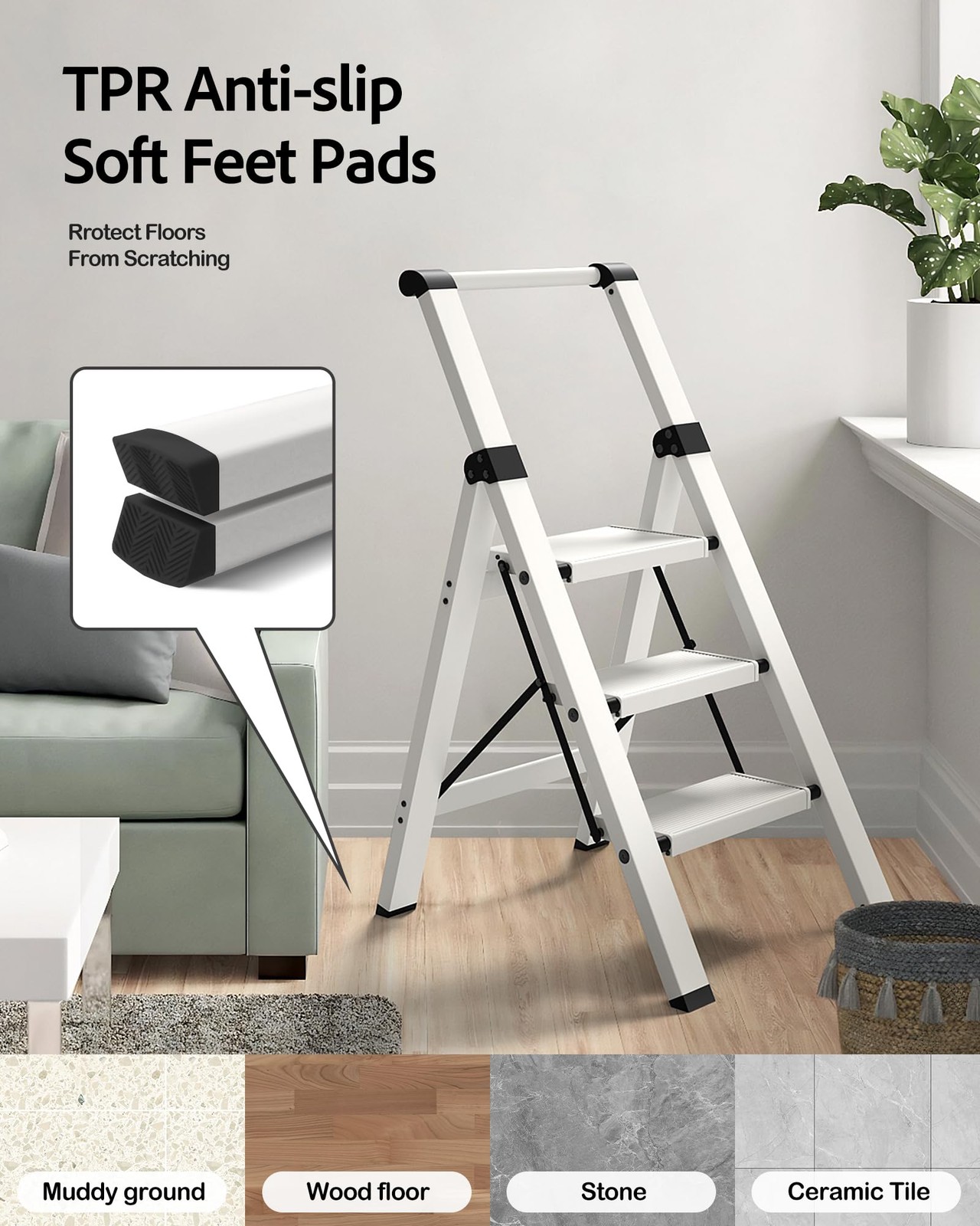 Taranta 3 Step Ladder, Lightweight Aluminum Stool with 3 Step, White