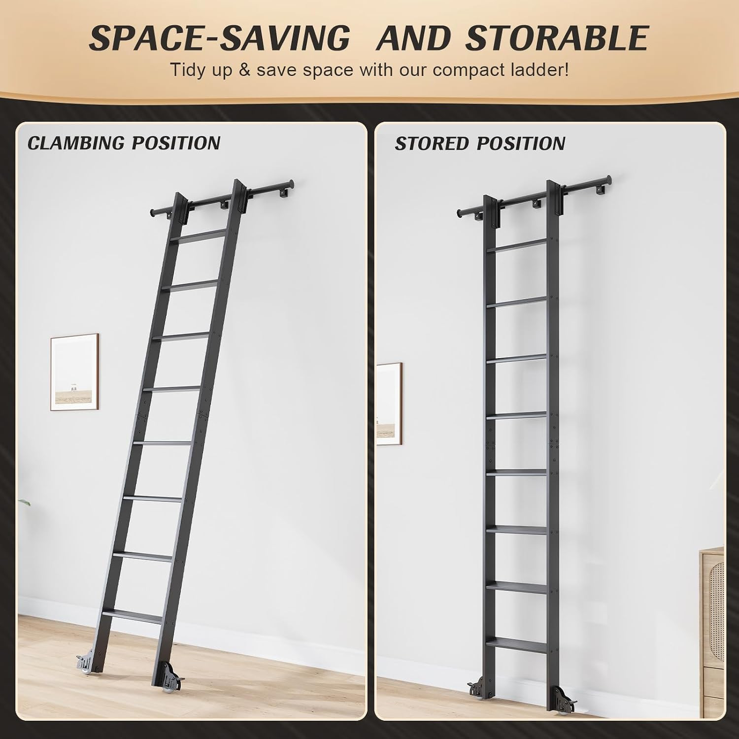 9FT Aluminum Step Ladder with 12FT Sliding Track Kit for Libraries