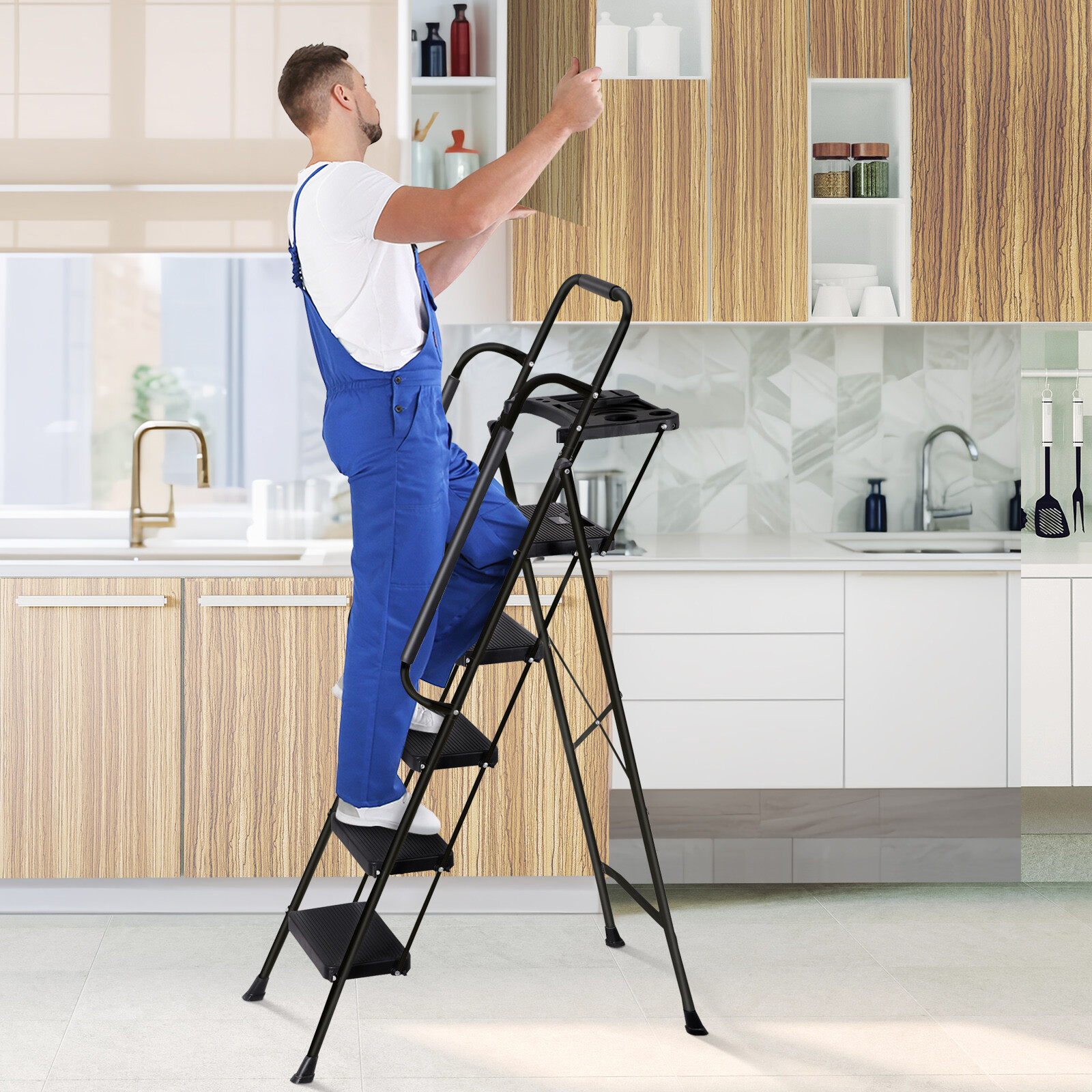 5-Step Ladder Portable Folding Anti-Slip Steel Ladder w/Handrail Tool Tray Black
