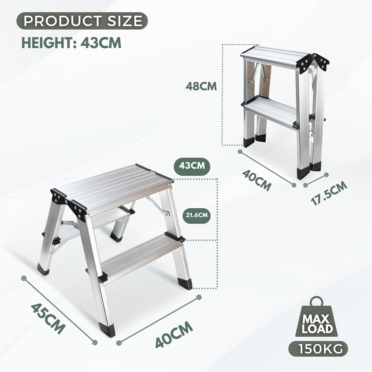 2 Step Ladder, Aluminum Folding Portable Small Kitchen Silver