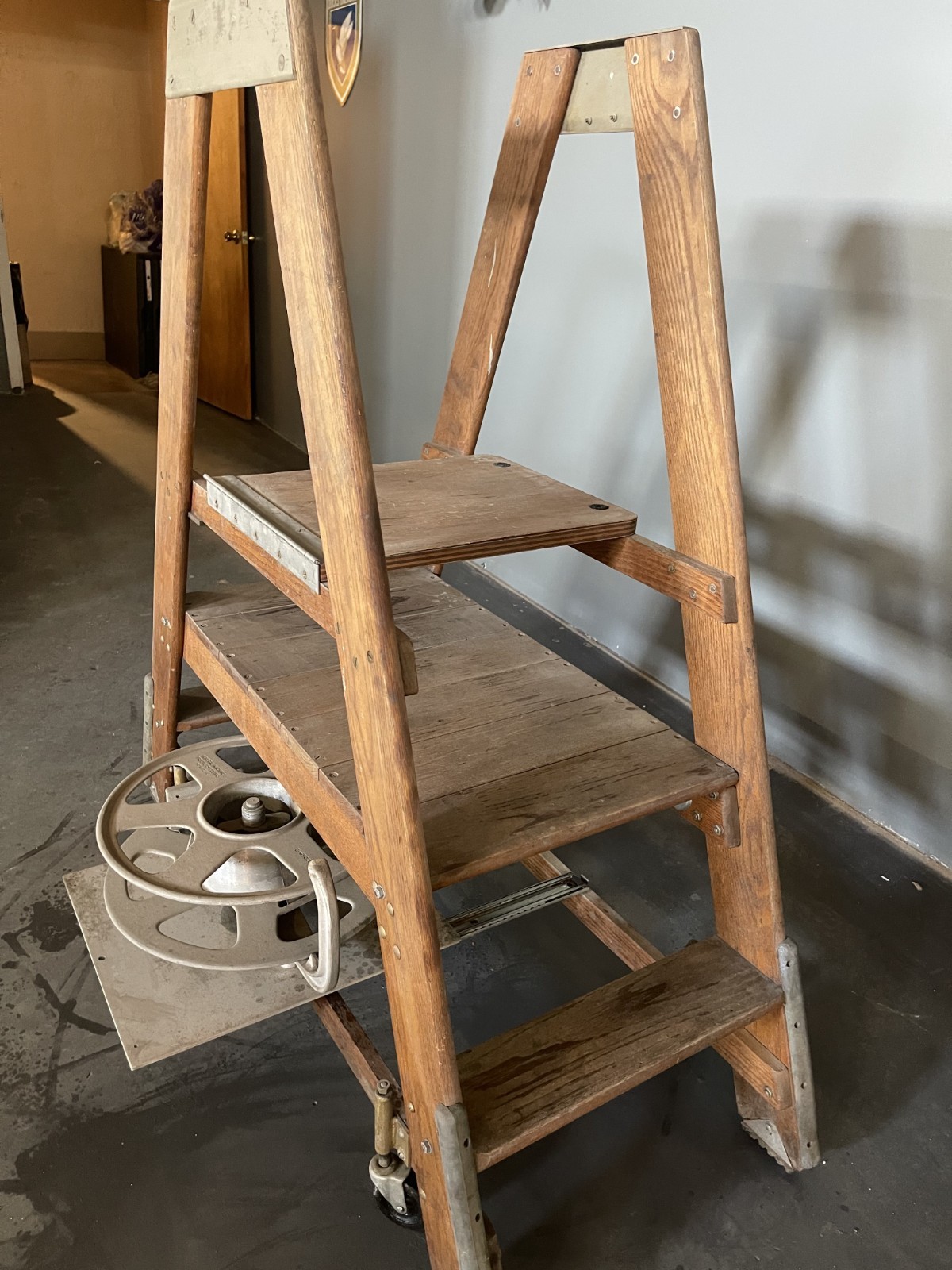 Vintage Putnam Rolling Library Ladder with GMP Wire Reel Assembly