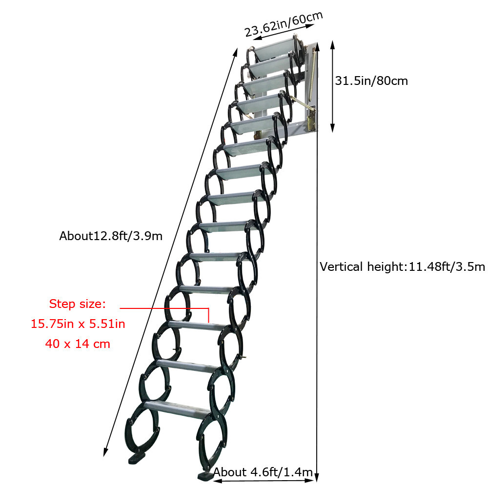 Black Loft Ladder Aluminum-Magnesium Alloy Attic 14 Steps Pull Down Attic Stairs