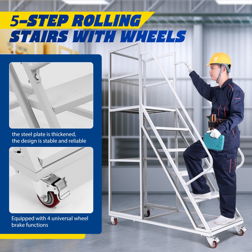 Rolling Warehouse Platform Ladder Safety Ladder 6 Step 1213LBS Airplane Handrail