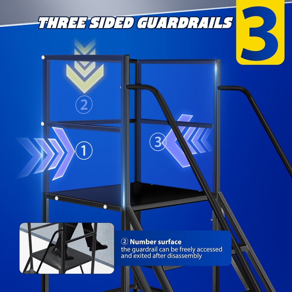 6 Step Ladder with Wheels Rolling Industrial Warehouse Stairs Handrails Non-Slip