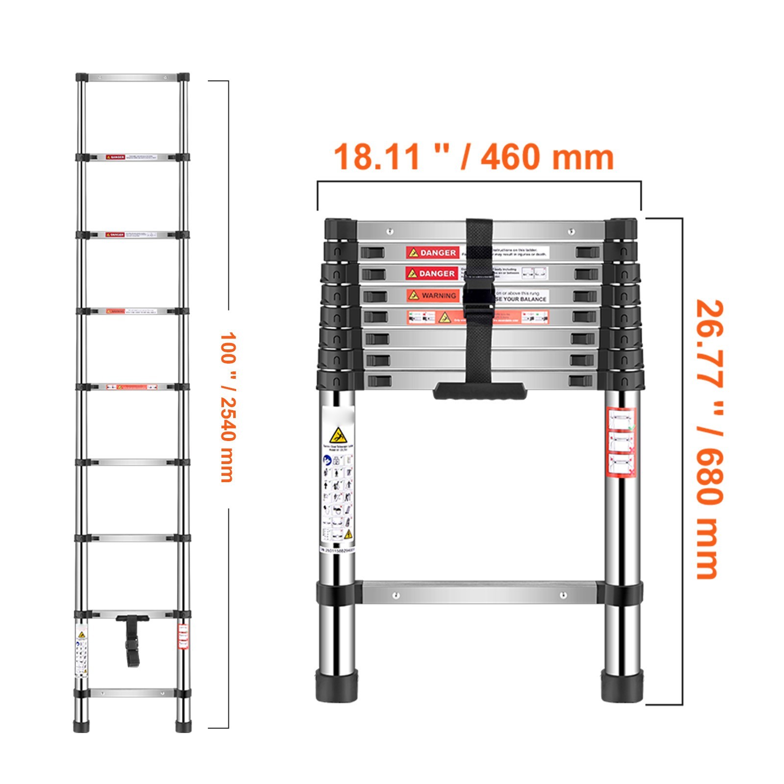 KFFKFF 8.5ft Telescoping Ladder Stainless Steel 330LBS 9-Step Portable Home RV