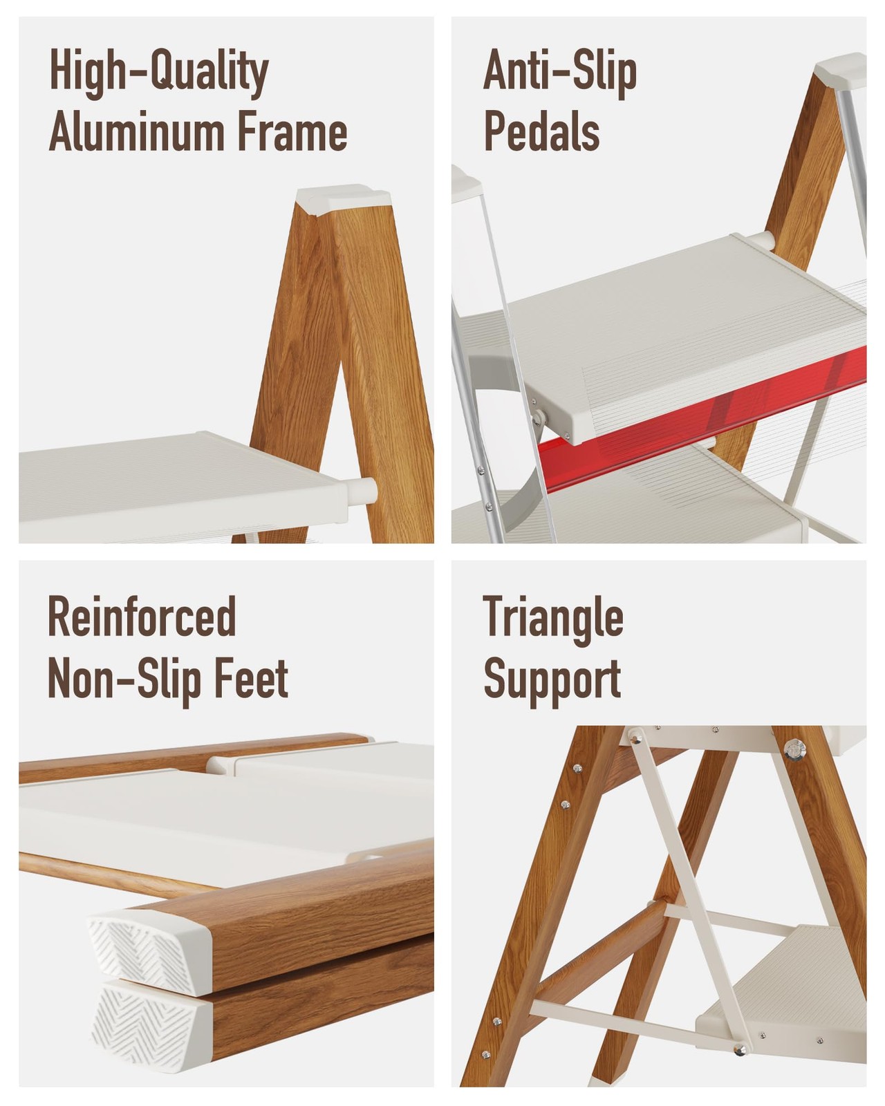 Mayi Plus 2-Step Aluminum Ladder,Lightweight Folding 2 Step, White&woodgrain