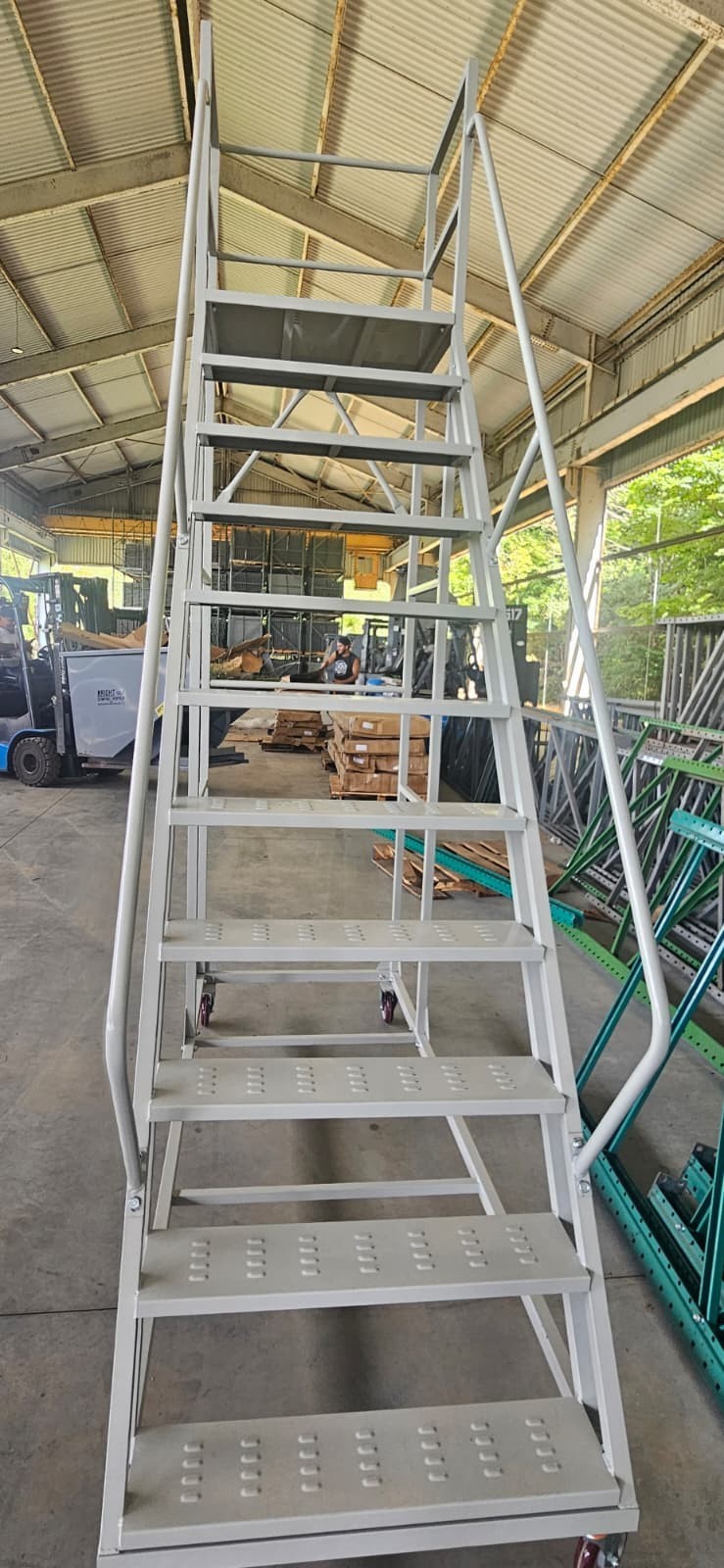 NEW ROLLING LADDER WITH 11 STEPS, 98″ HIGH X 32″ WIDE, GREY