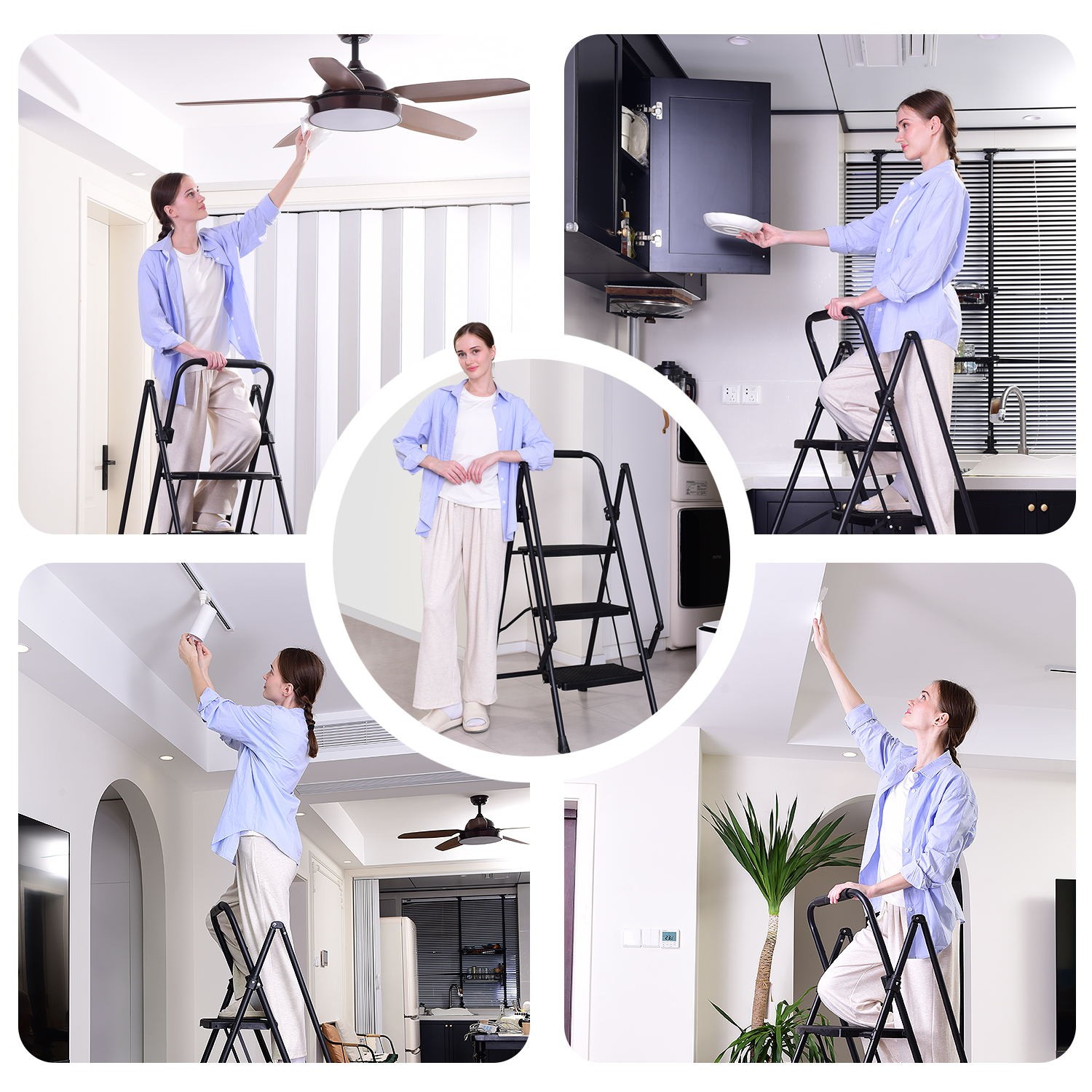 5 Step Ladder Folding Ladder Stool with Anti Slip Wide Pedals Lightweight Black