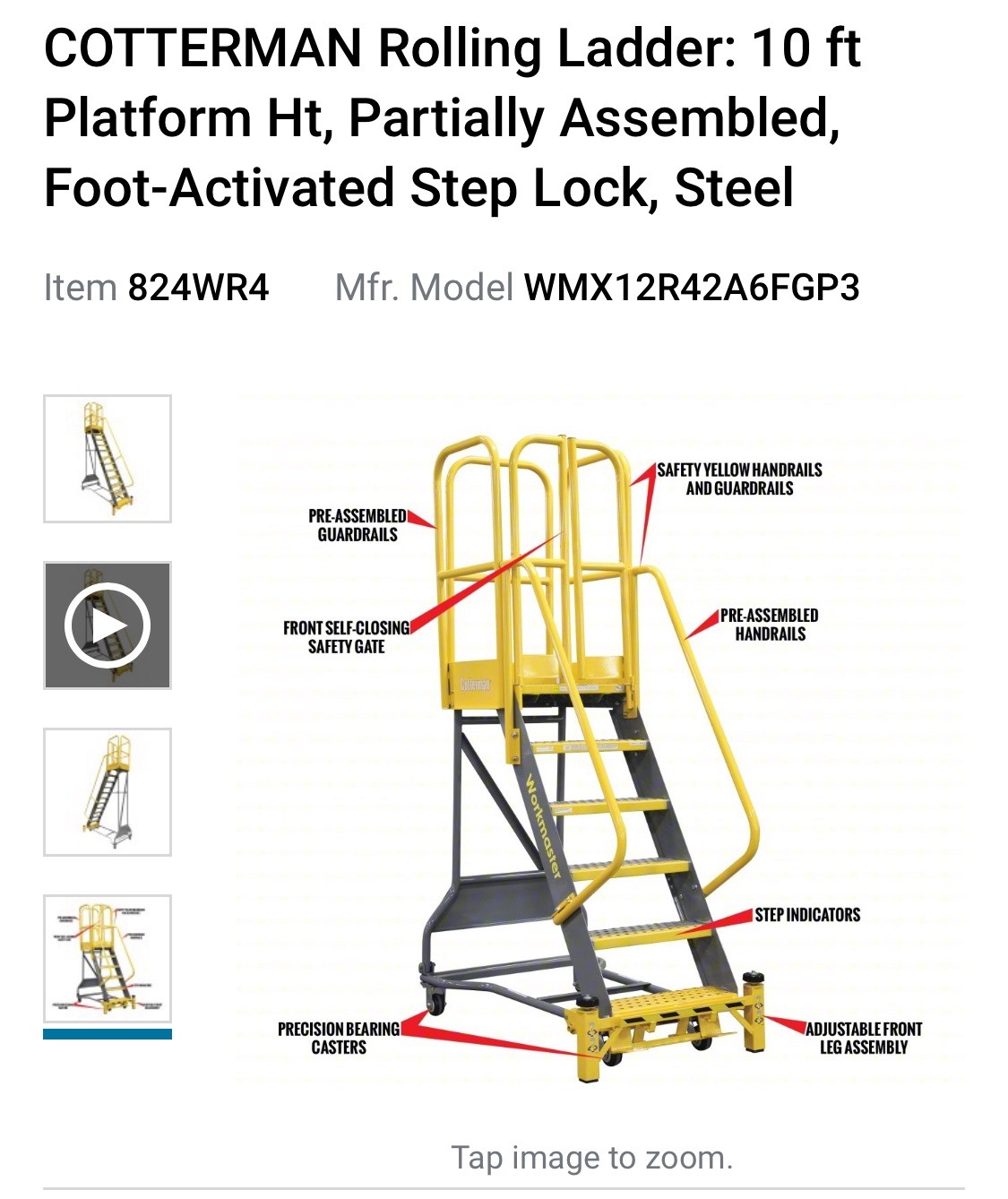 COTTERMAN Rolling Ladder: 10 ft Platform Ht, Foot-Activated Step Lock, Steel