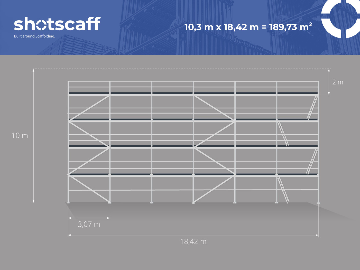 Facade scaffolding steel NEW with 190 m² SCAFF 73 10.3 x 18.42 steel floor 3.07