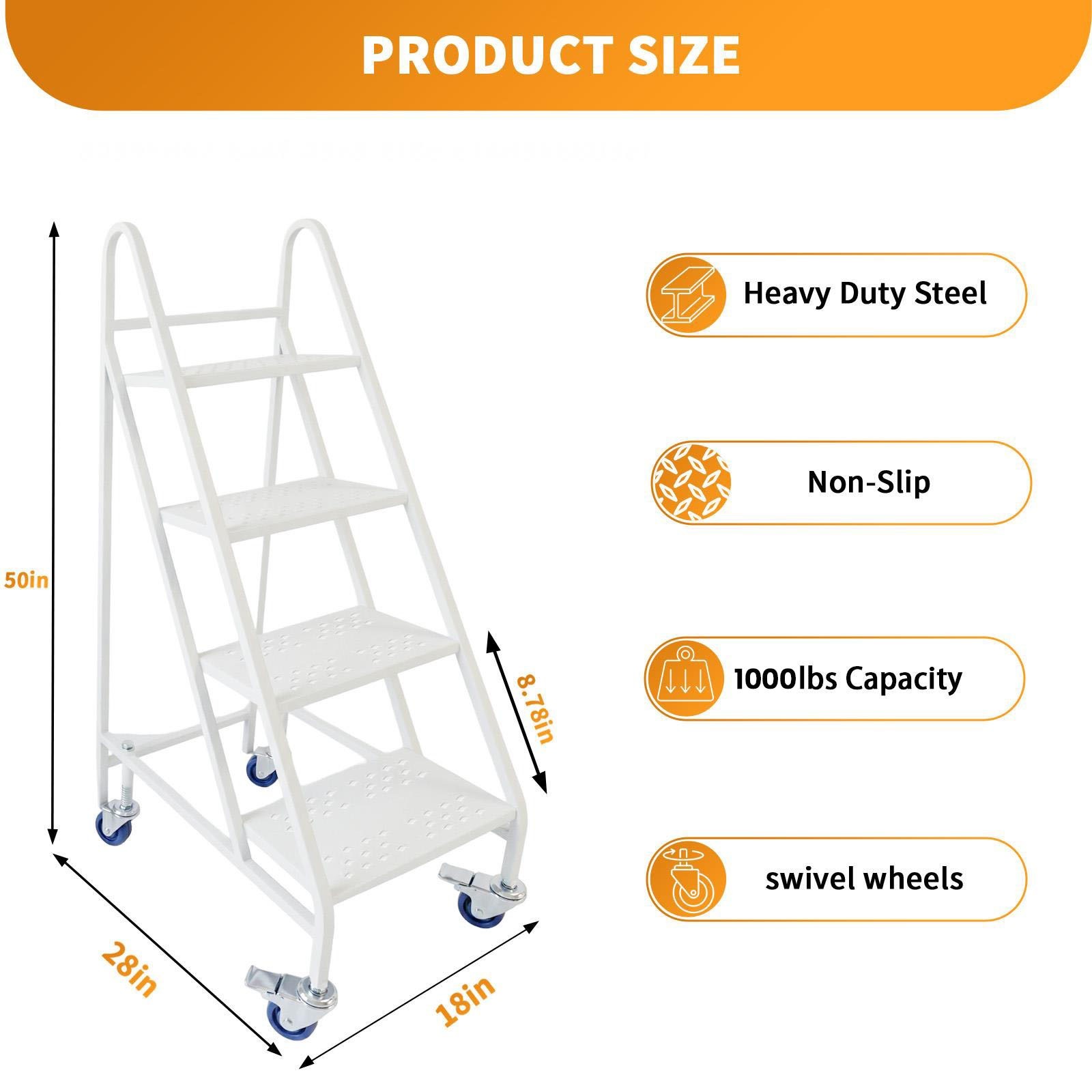 4 Step Rolling Ladder with Locking Wheel & Handrail Commercial Stair Ladder 50″H