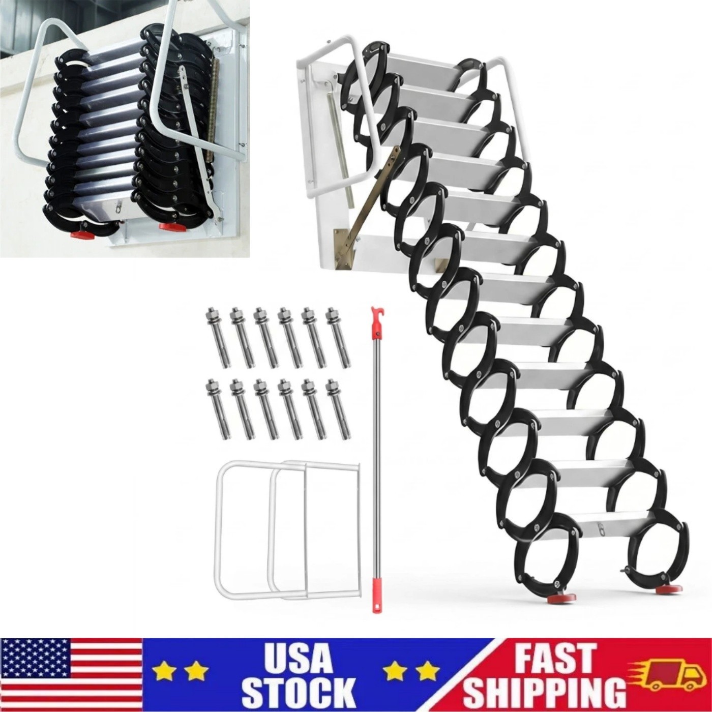 1102lbs Side Pull Down Attic Ladder 10ft Side-Mounted Loft Wall Folding Stairs