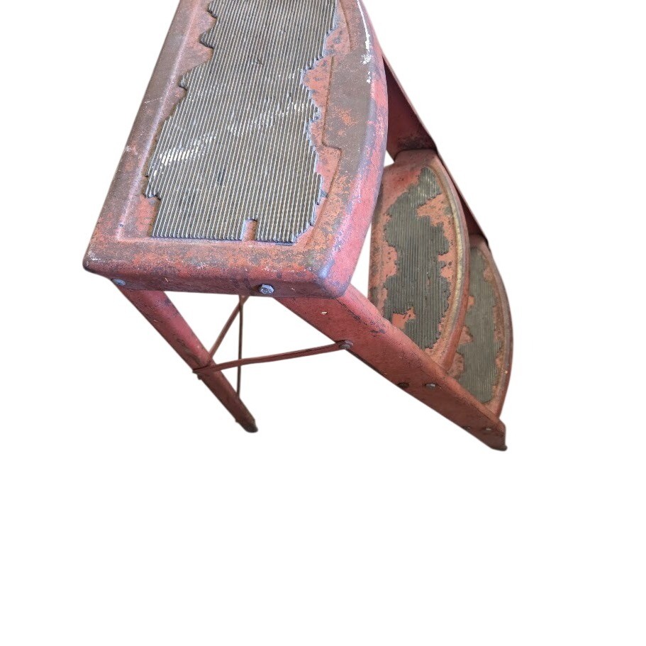 Vintage Red Metal 3 Step Folding Stool Industrial Ladder Rustic Decor