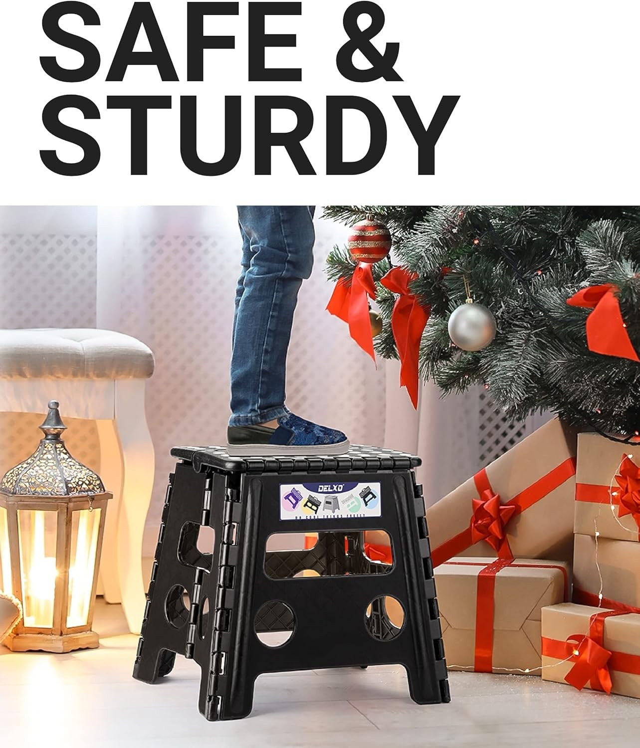 Delxo Folding Step Stool, 13 inch Non-Slip Foldable Stools Up to 300 LBS, Step