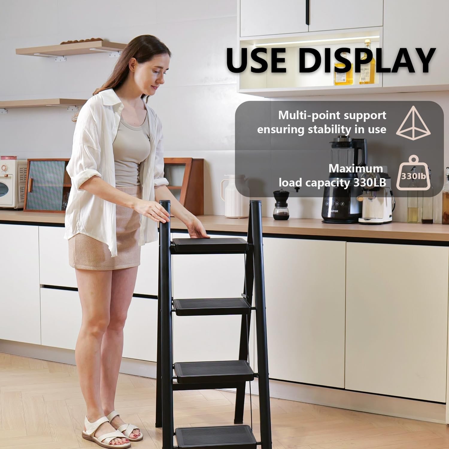 KOLL LINK Step Ladder 4 Folding, Sturdy 330 Lbs 4 step ladder, Black