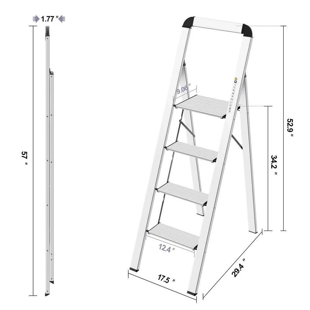 Aluminium 4 Step Ladder, Lightweight Step Stool with Non-Slip Pedals, H