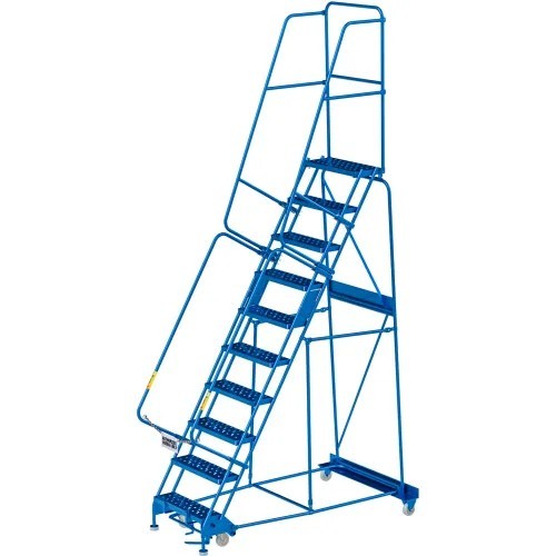 NEW 10 Step Steel Rolling Ladder, 24″W Perforated Step, Cal/OSHA Handrail!!
