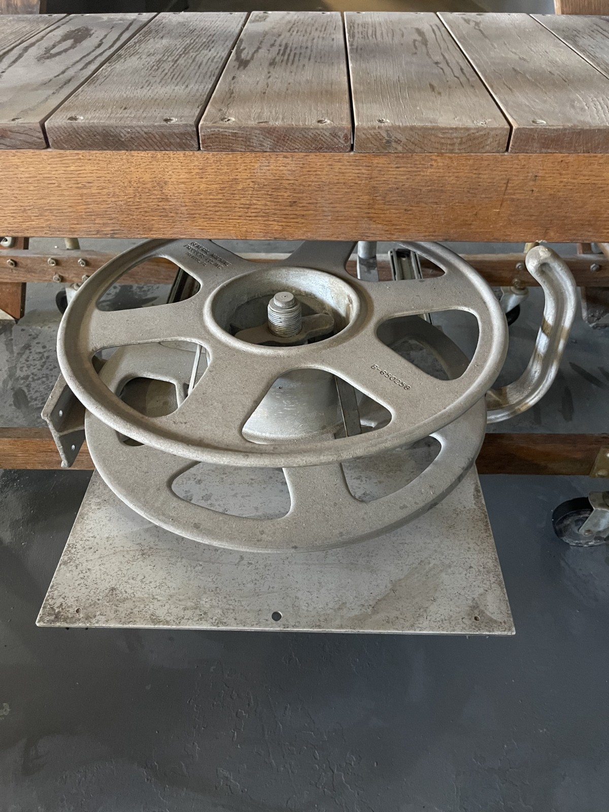 Vintage Putnam Rolling Library Ladder with GMP Wire Reel Assembly