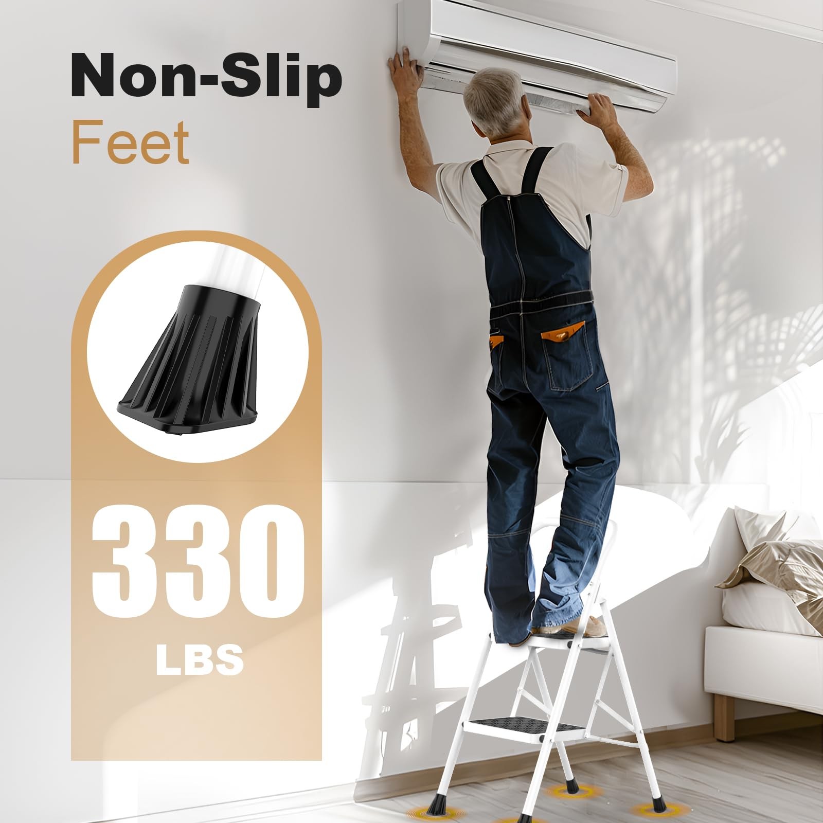 HBTower Step Ladder, Folding Stool with Wide Anti-Slip 2-Step, White