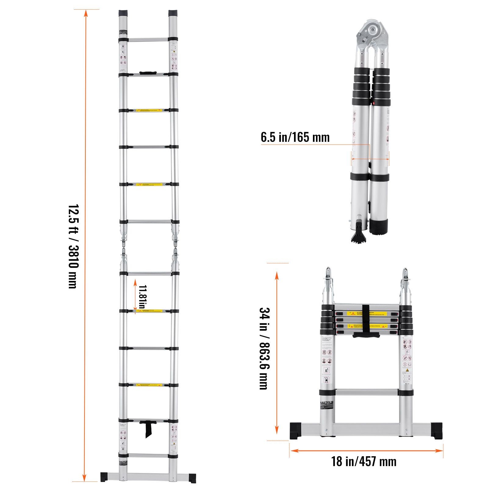 Telescoping Ladder, 12.5FT A – Shape Aluminum Extension Ladder Lightweight