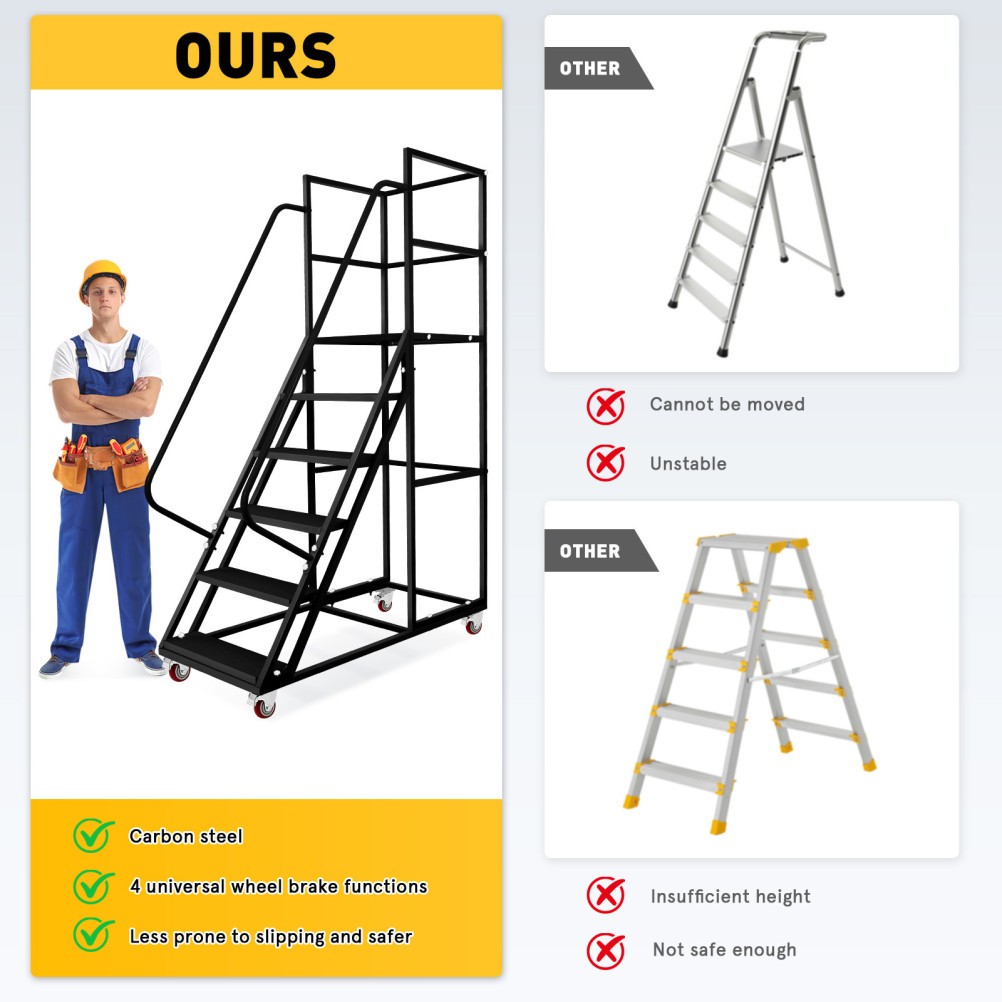 6 Step Ladder with Wheels Rolling Industrial Warehouse Stairs Handrails Non-Slip