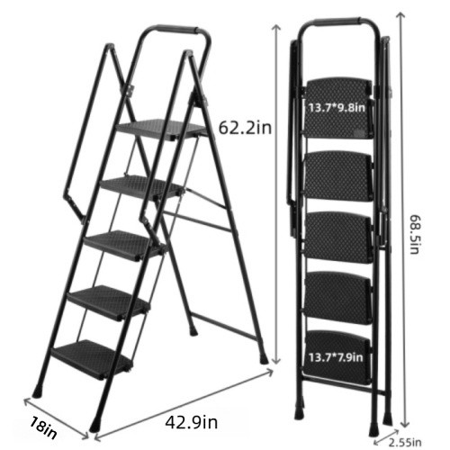 5 Step Ladder Folding Ladder Stool with Anti Slip Wide Pedals Lightweight Black