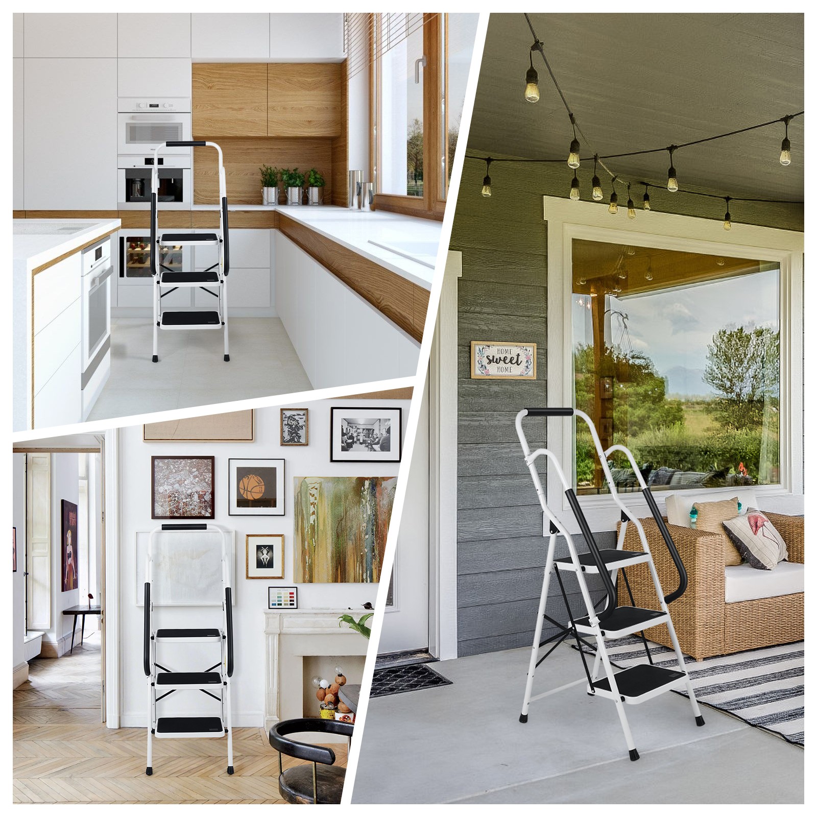 3 Step Ladder with Handrails, Portable Folding Step Stool with Safety Lock