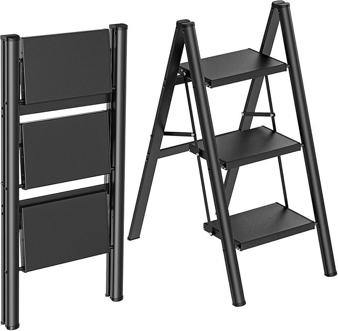 3 Step Aluminum Folding Ladder Step Stool Black 330 lb Anti-Slip Pedal