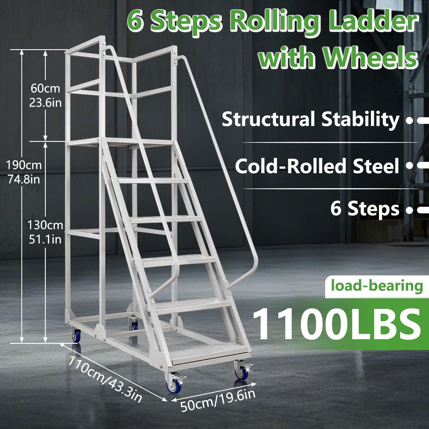 6 Step Rolling Ladder Industrial Warehouse Mobile Stairs Max 1213lbs with Wheels