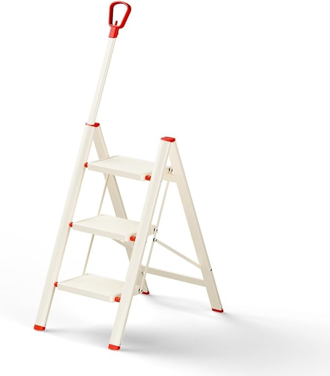 Beige 3 Step Ladder with Handrail Foldable Step Stool Anti-Slip