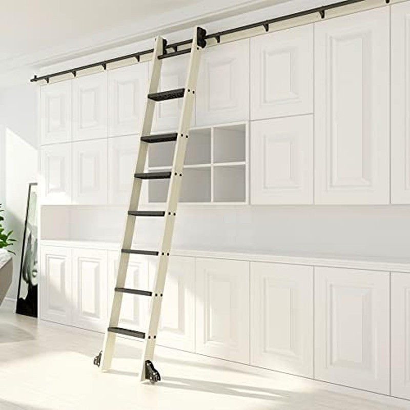 4FT Rolling Ladder Hardware with 8FT Wooden Ladder for Easy Access