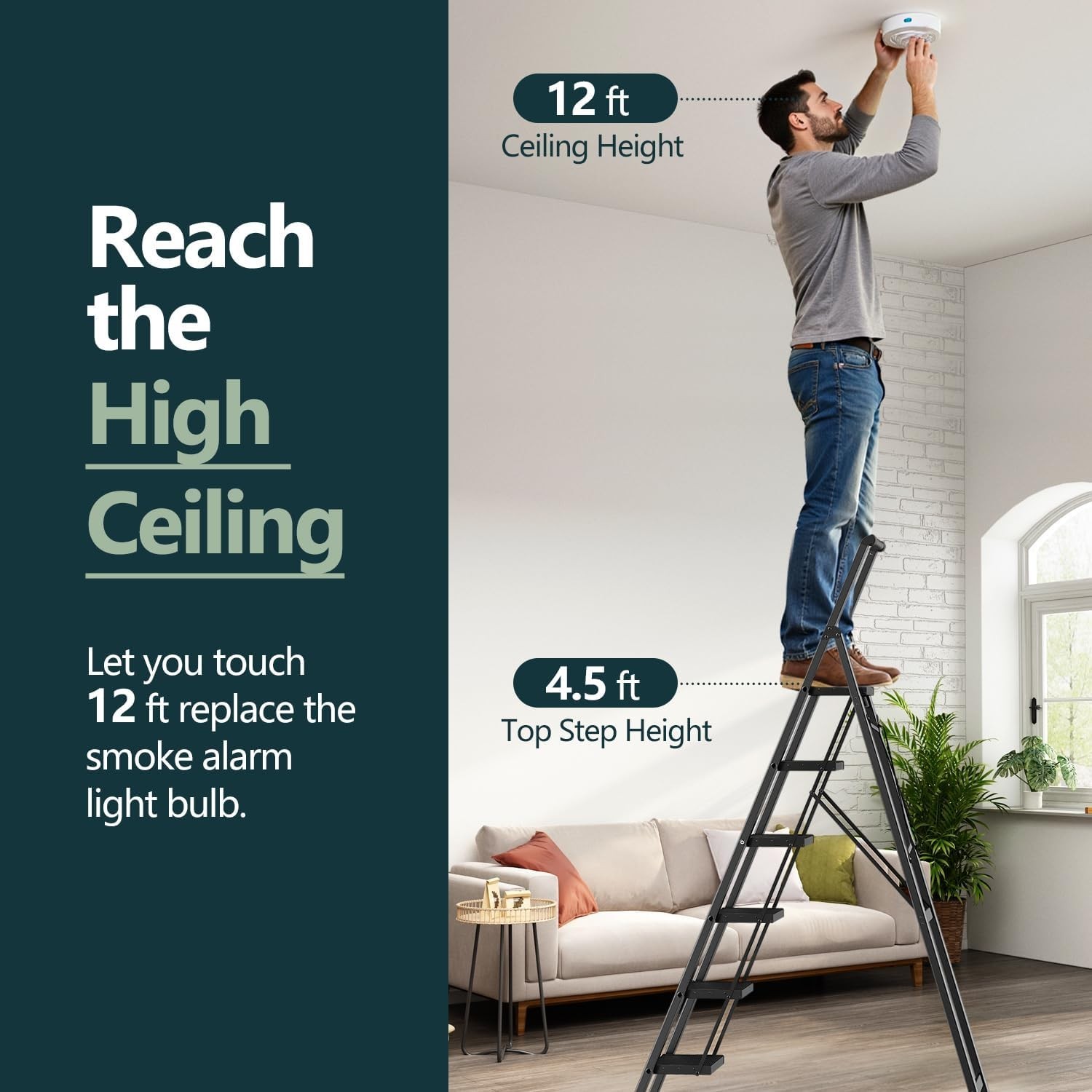 WOA 6 Step Ladder for 12 Feet High Ceiling, Lightweight 6 step, Black