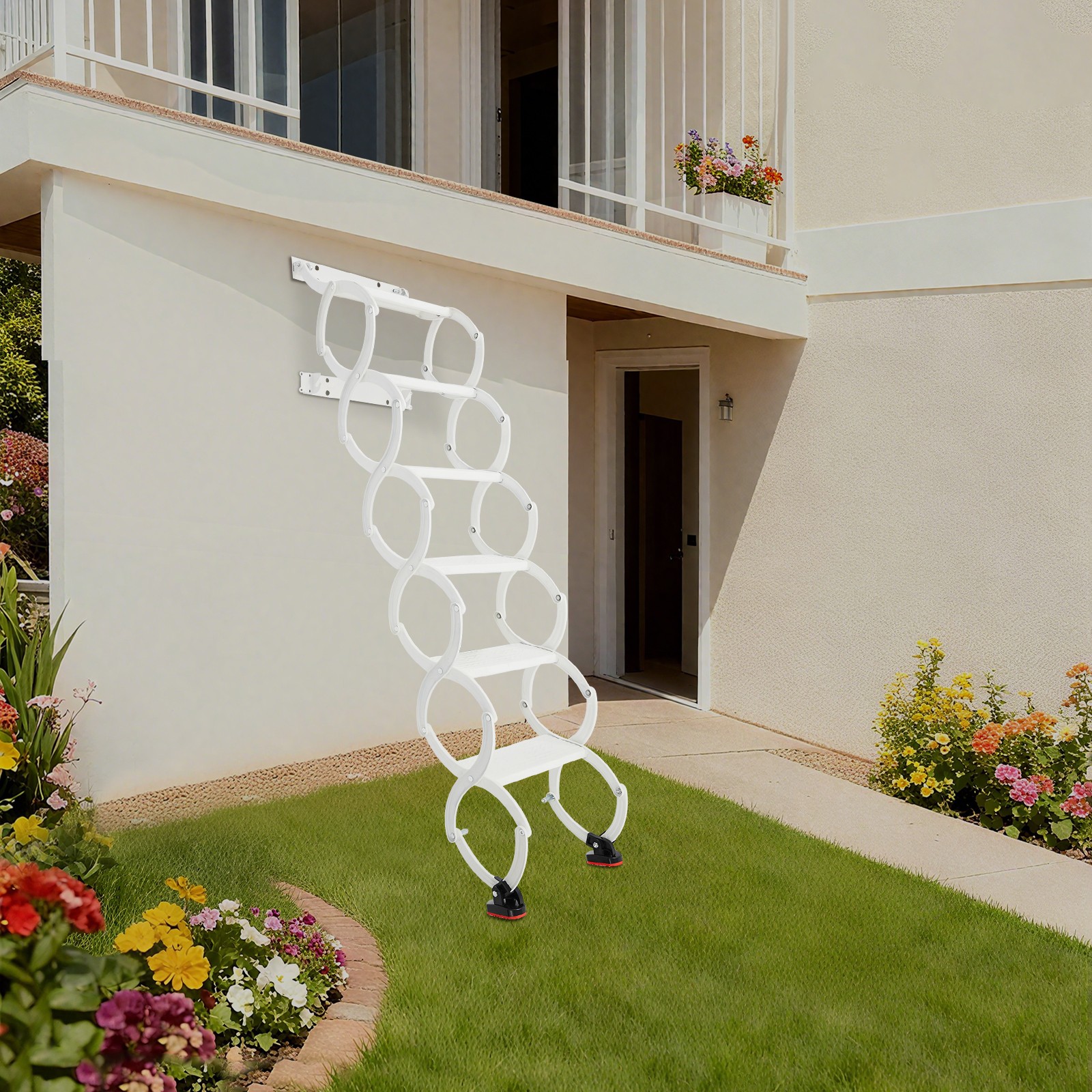 Wall Mounted Folding Ladder,White Step Ladders,6-Steps Retractable Folding Stair